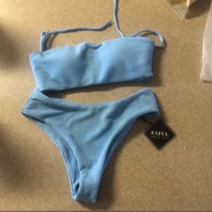 Zaful Textured Bandeau Bikini Set - Day Sky Blue